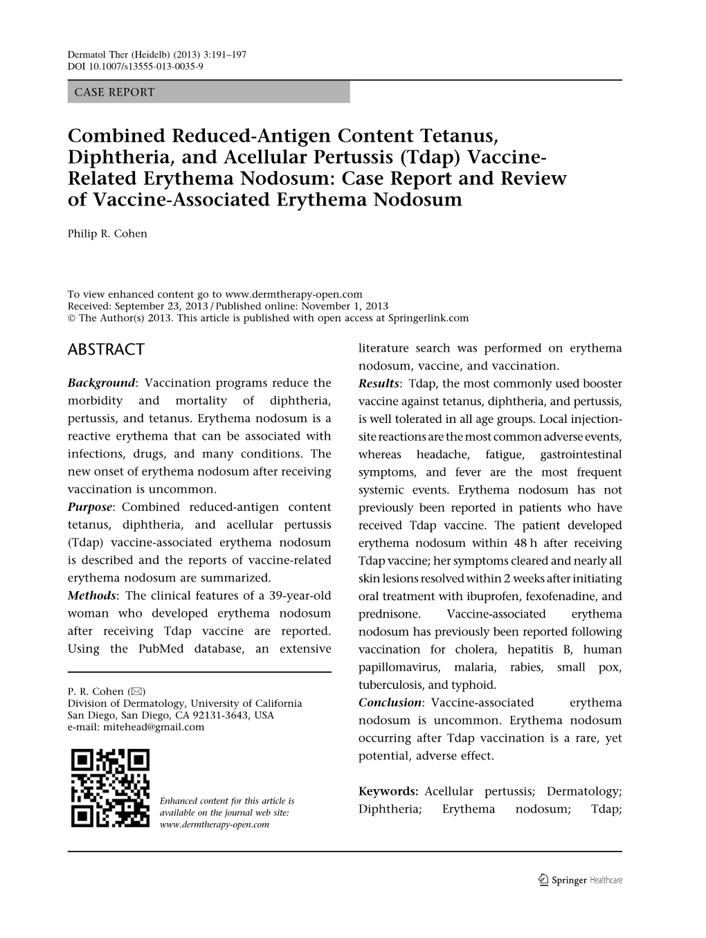 (Tdap) Vaccine- Related Erythema Nodosum: Case Report and Review of Vaccine-Associated Erythema Nodosum