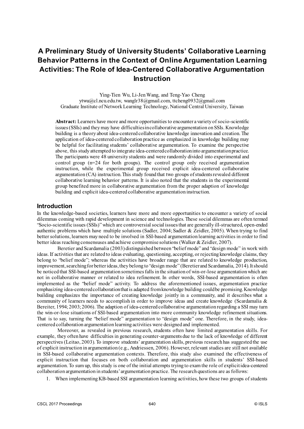 A Preliminary Study of University Students' Collaborative Learning Behavior Patterns in the Context of Online Argumentation Le