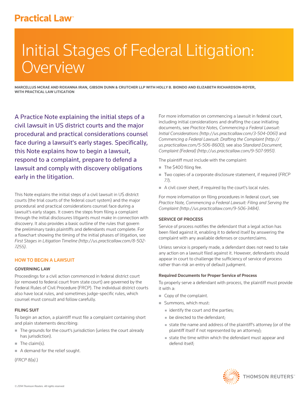 Initial Stages of Federal Litigation: Overview