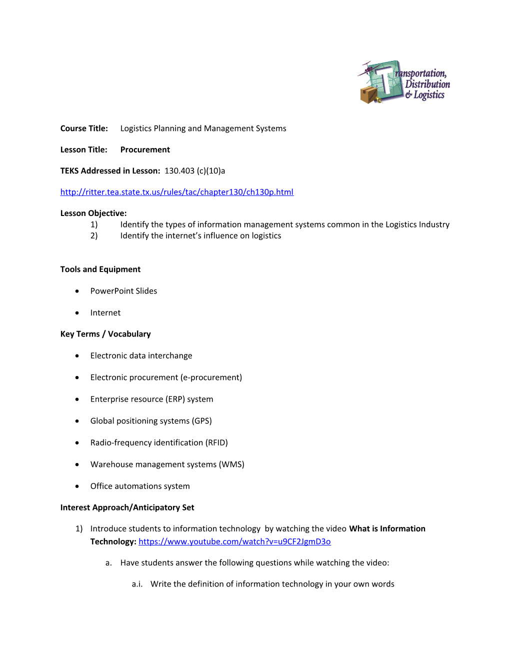 Course Title: Logistics Planning and Management Systems