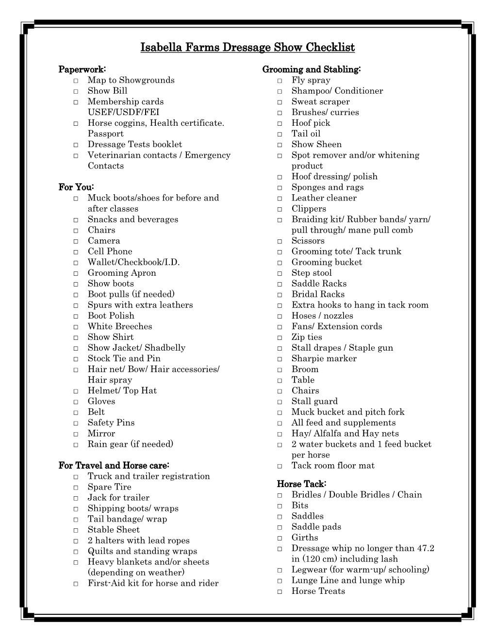 Isabella Farms Dressage Show Checklist