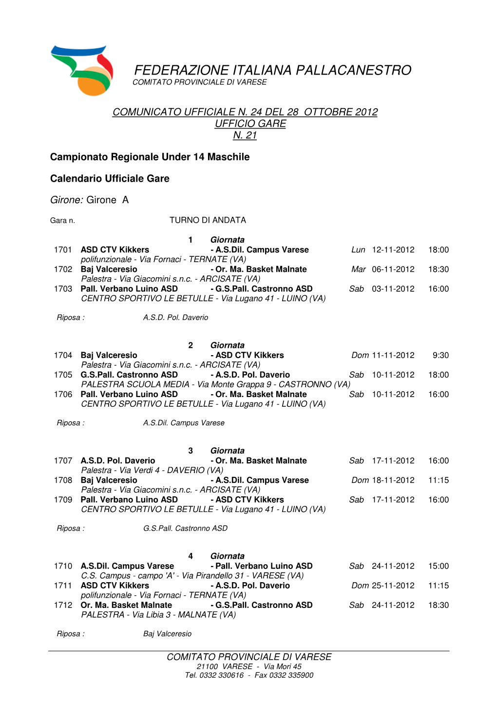 Federazione Italiana Pallacanestro Comitato Provinciale Di Varese