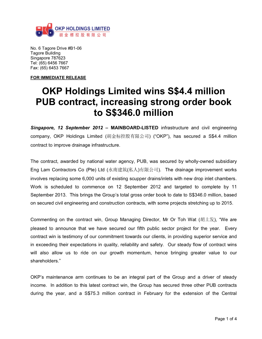 OKP Holdings Limited Wins S$4.4 Million PUB Contract, Increasing Strong Order Book to S$346.0 Million