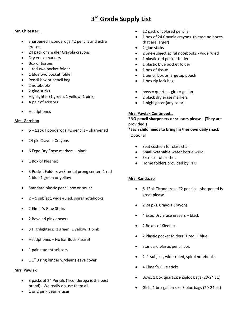 3Rd Grade Supply List