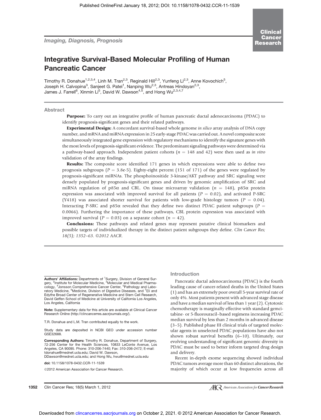 Integrative Survival-Based Molecular Profiling of Human Pancreatic Cancer