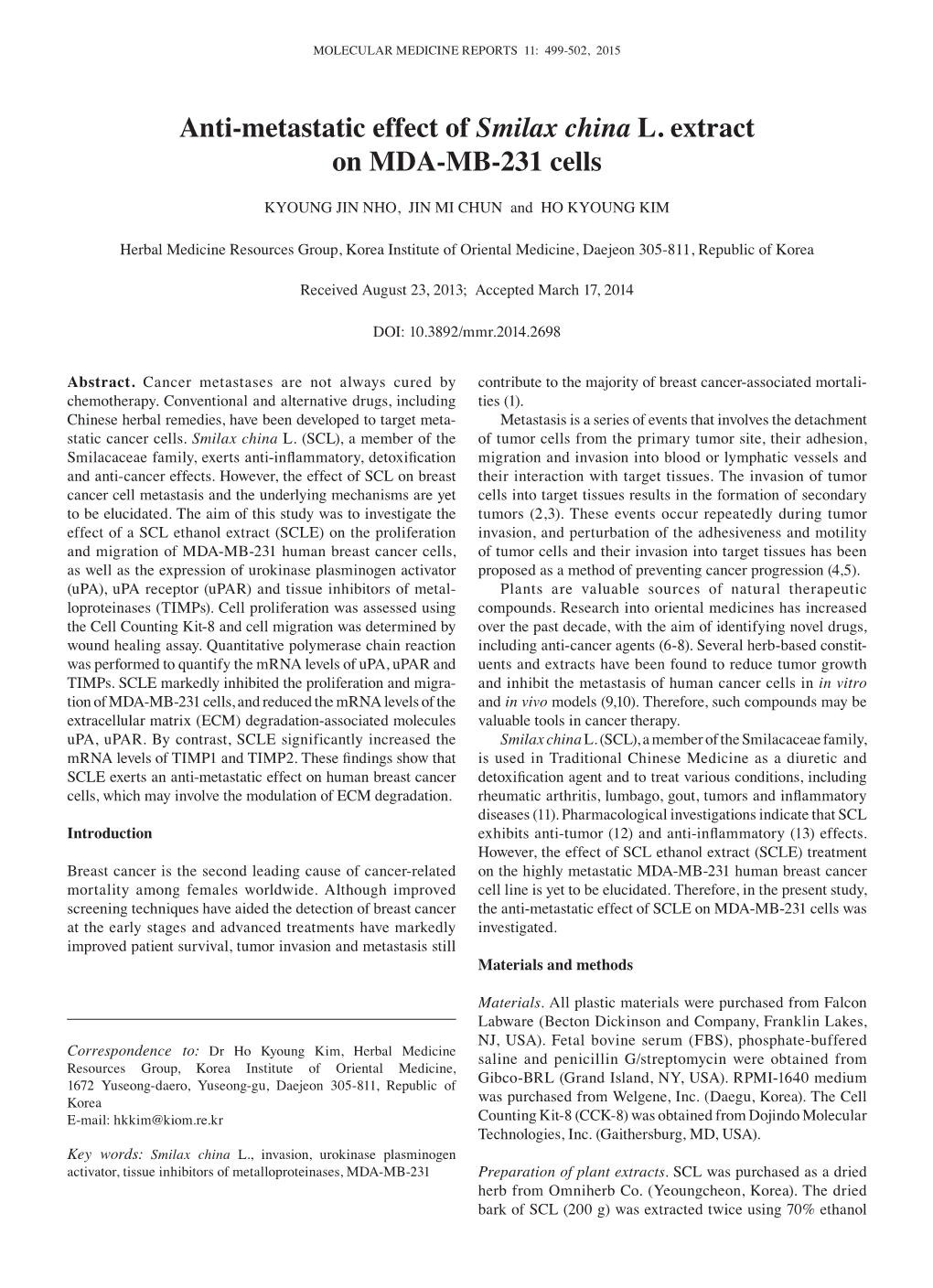 Anti‑Metastatic Effect of Smilax China L. Extract on MDA‑MB‑231 Cells