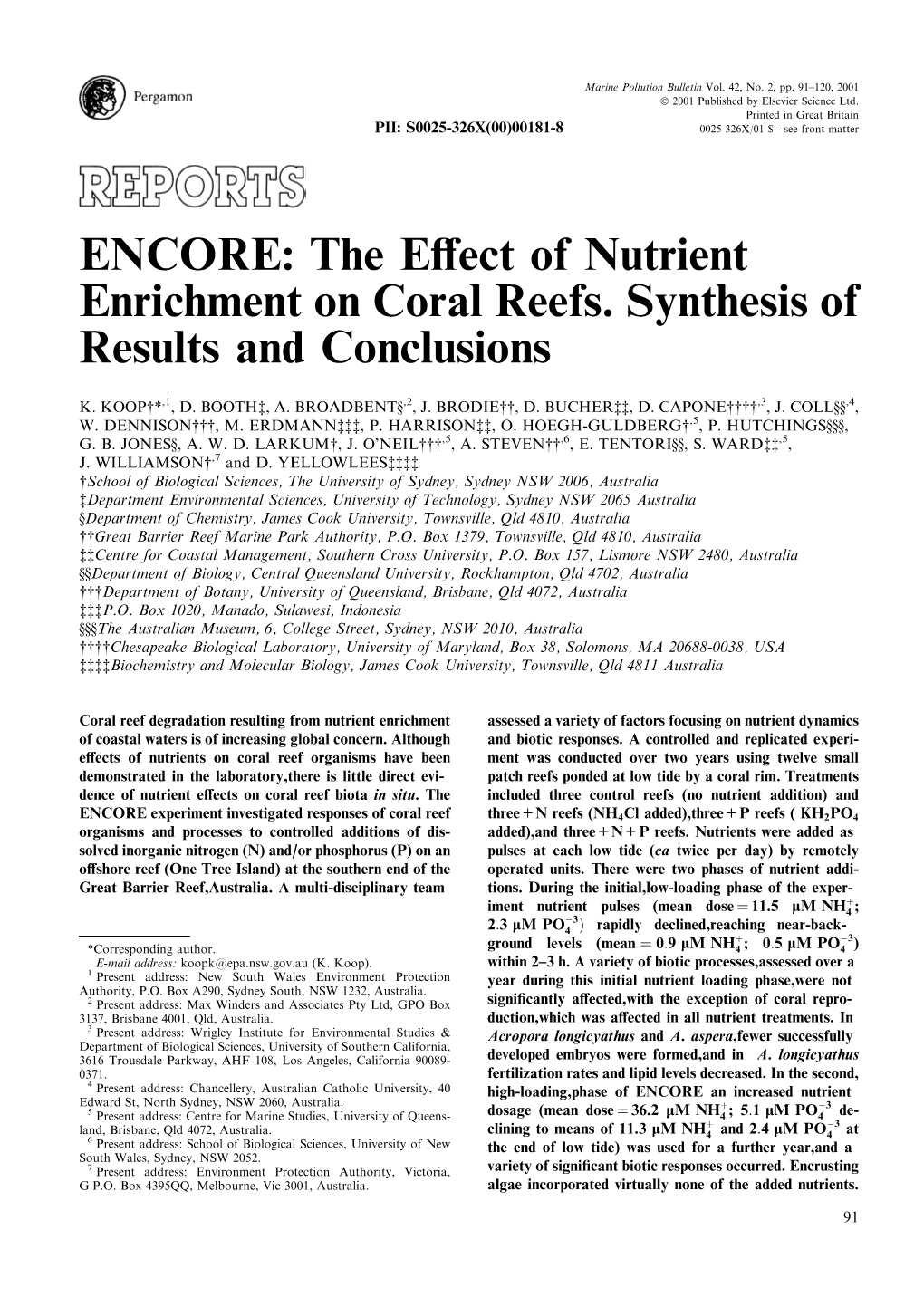 ENCORE: the Eаect of Nutrient Enrichment on Coral Reefs