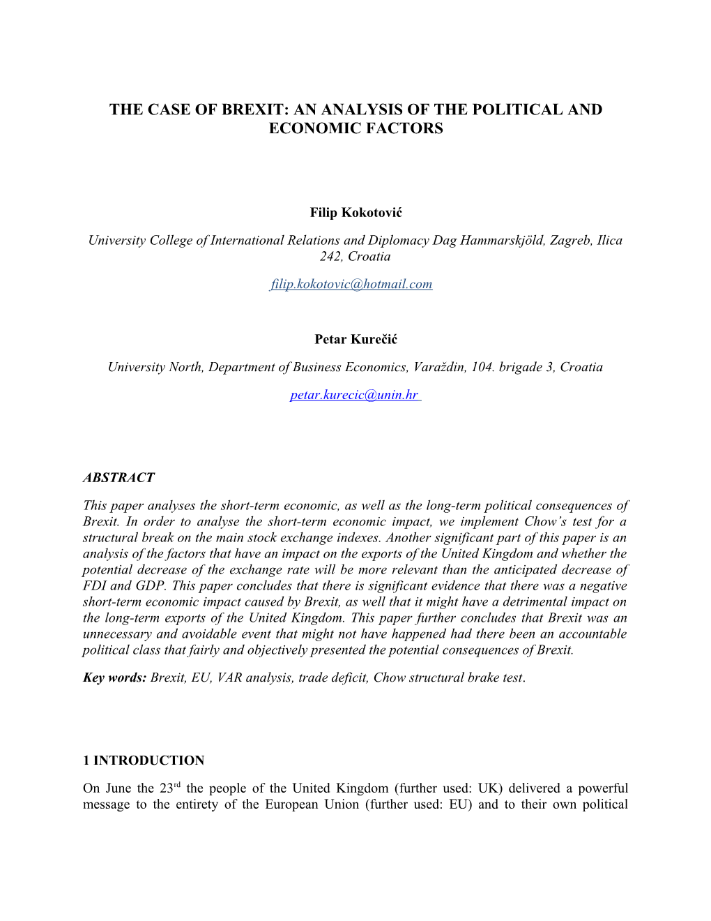 The Case of Brexit: an Analysis of the Political and Economic Factors