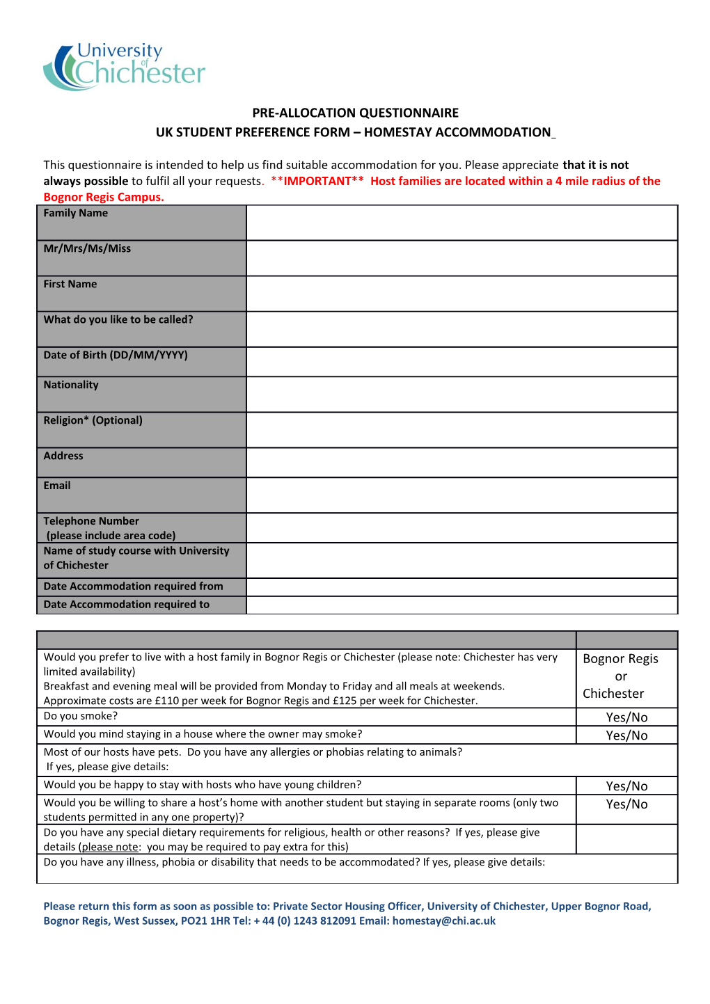 Uk Student Preference Form Homestay Accommodation