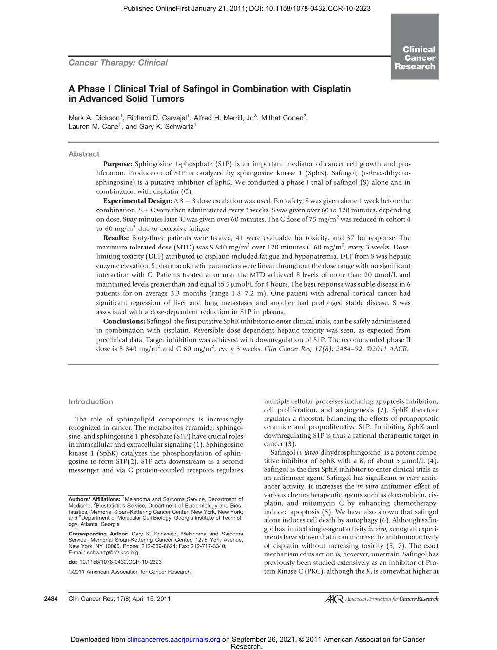 A Phase I Clinical Trial of Safingol in Combination with Cisplatin in Advanced Solid Tumors