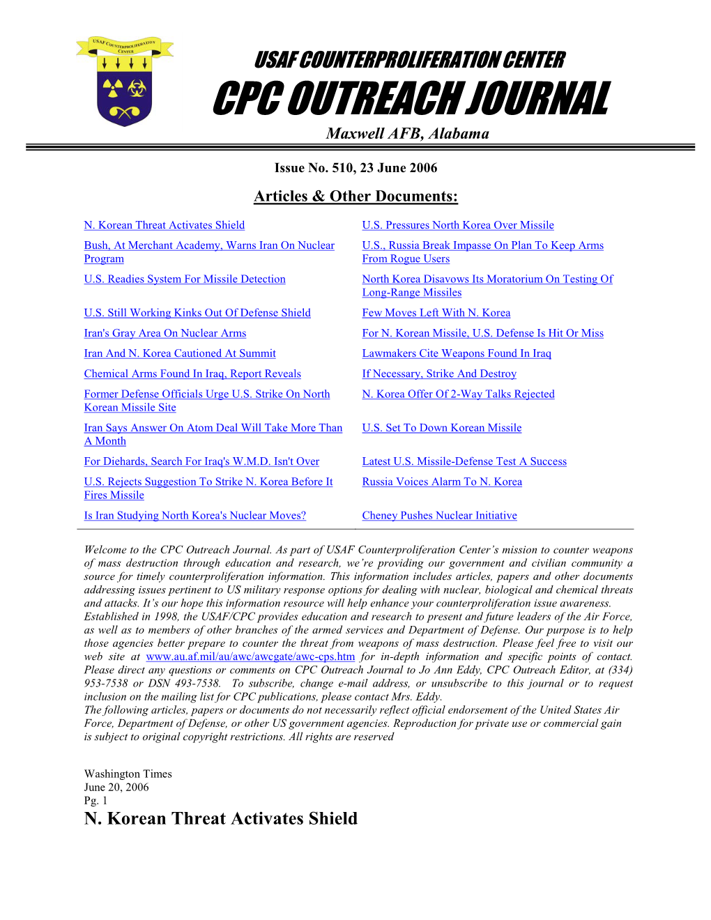 USAF Counterproliferation Center CPC Outreach Journal #510