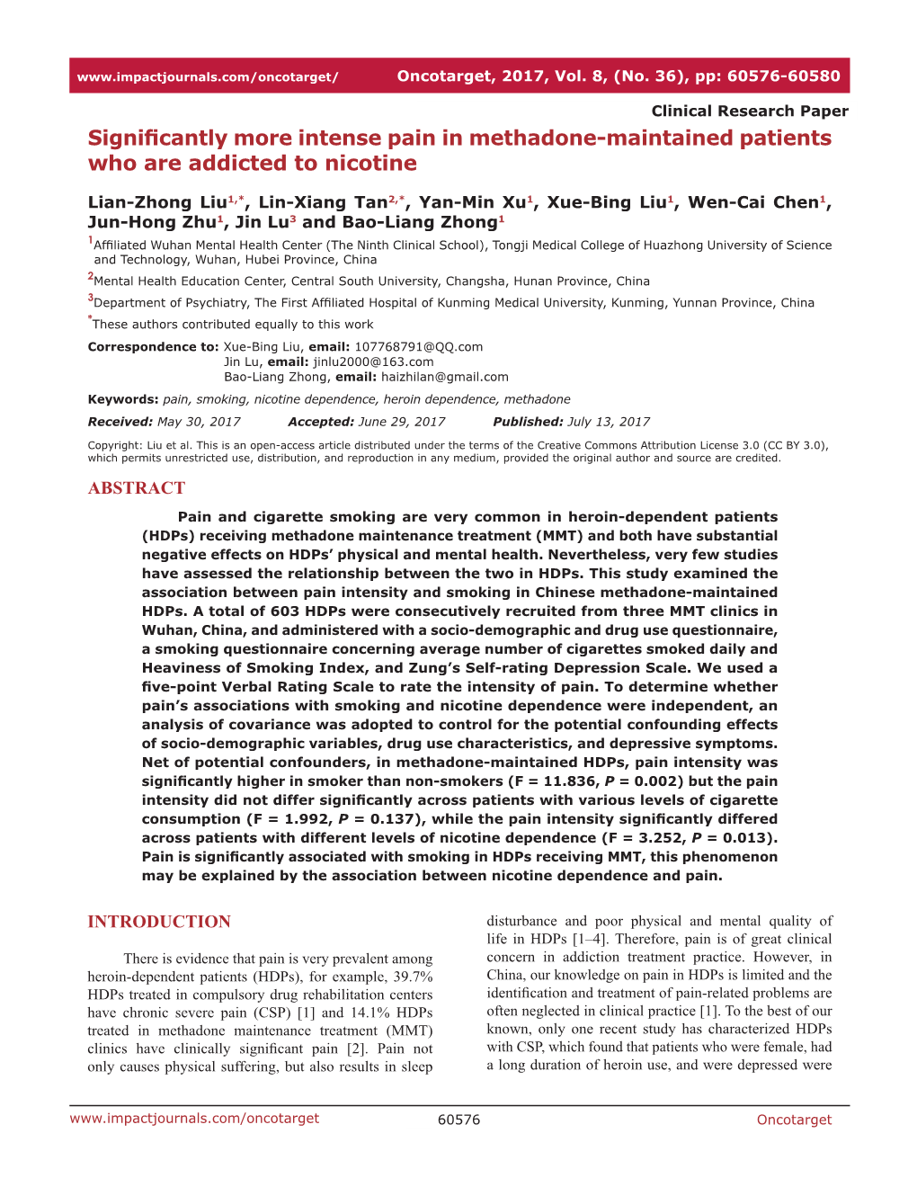 Significantly More Intense Pain in Methadone-Maintained Patients Who Are Addicted to Nicotine