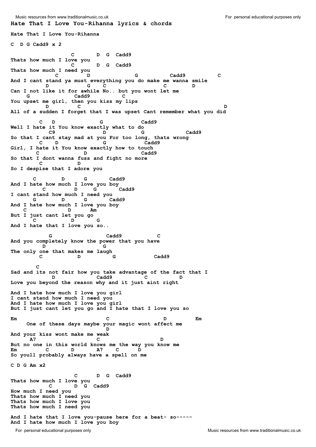 Hate That I Love You-Rihanna Lyrics & Chords