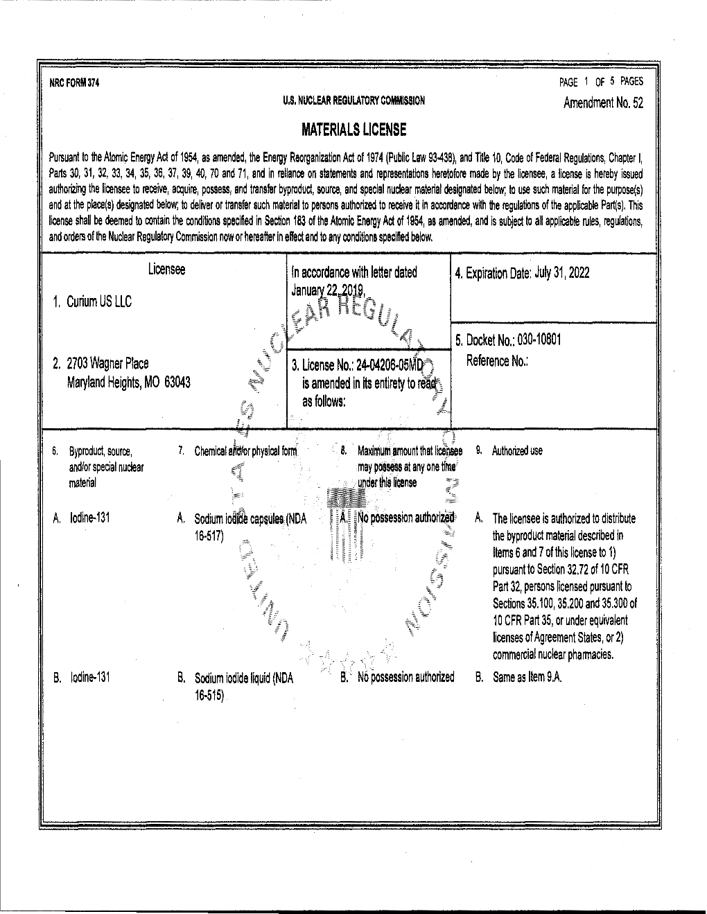 611130 Outgoing Amendment No. 52 to Curium US LLC to License No