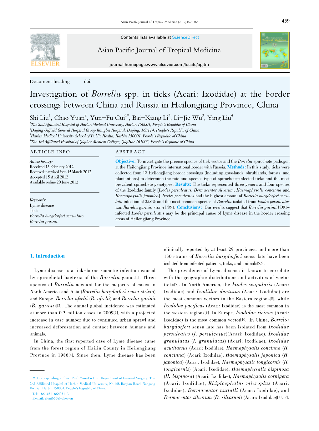 Investigation of Borrelia Spp. in Ticks (Acari: Ixodidae)