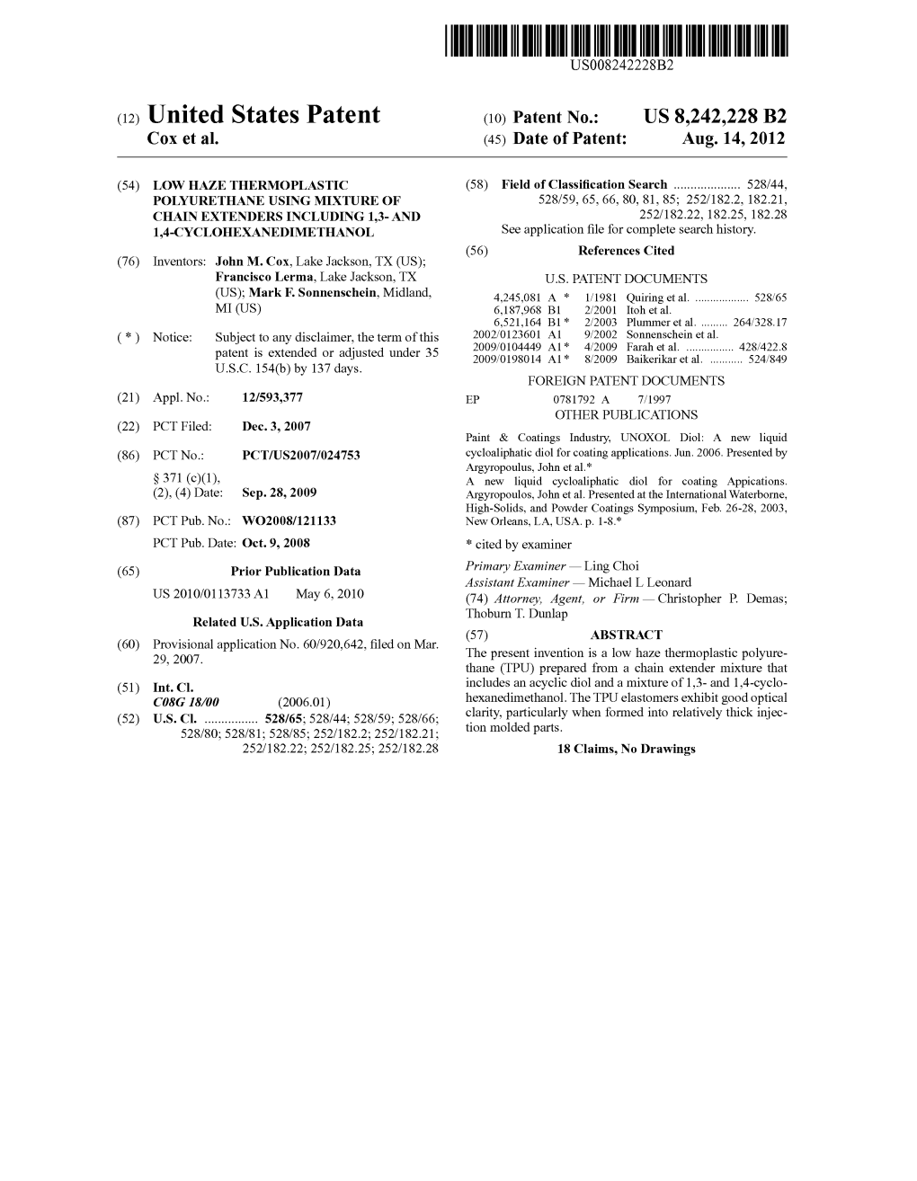 (12) United States Patent (10) Patent No.: US 8,242.228 B2 Cox Et Al