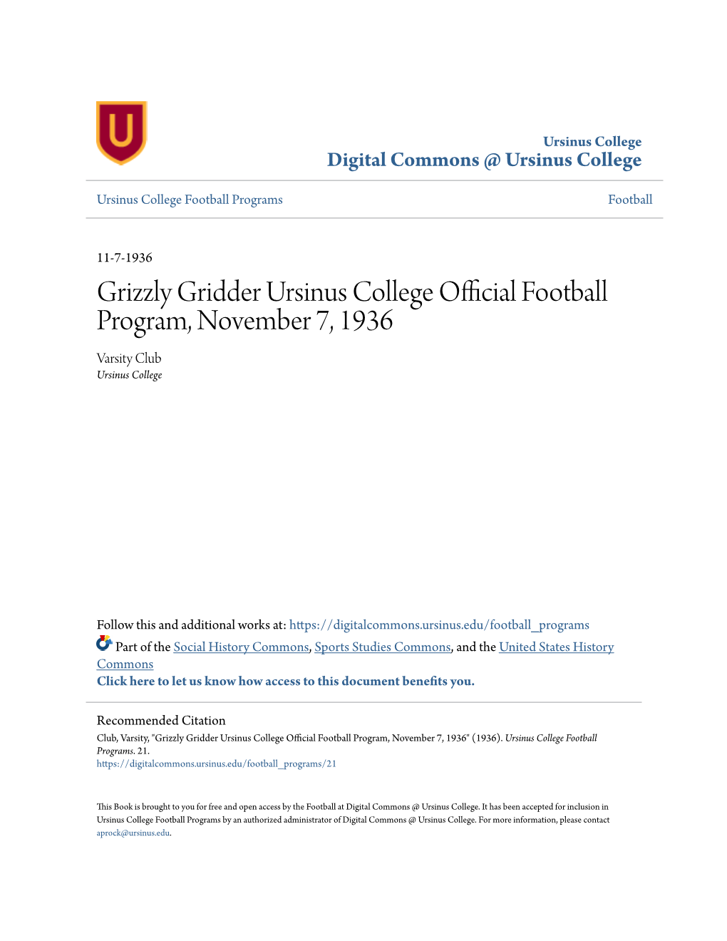 Grizzly Gridder Ursinus College Official Football Program, November 7, 1936 Varsity Club Ursinus College