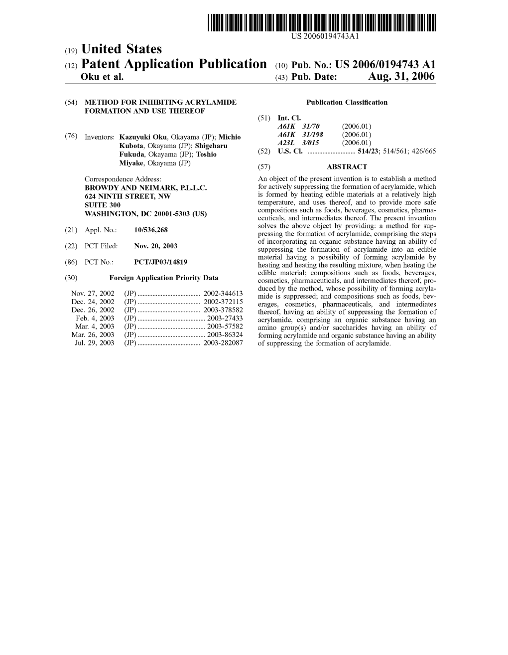 (12) Patent Application Publication (10) Pub. No.: US 2006/0194743 A1 Oku Et Al