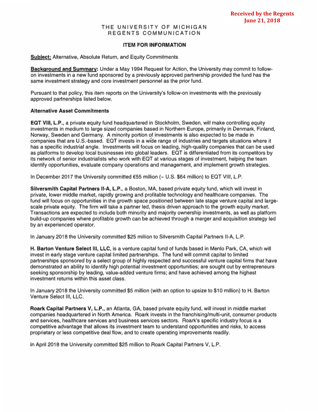 Alternative, Absolute Return, and Equity Commitments