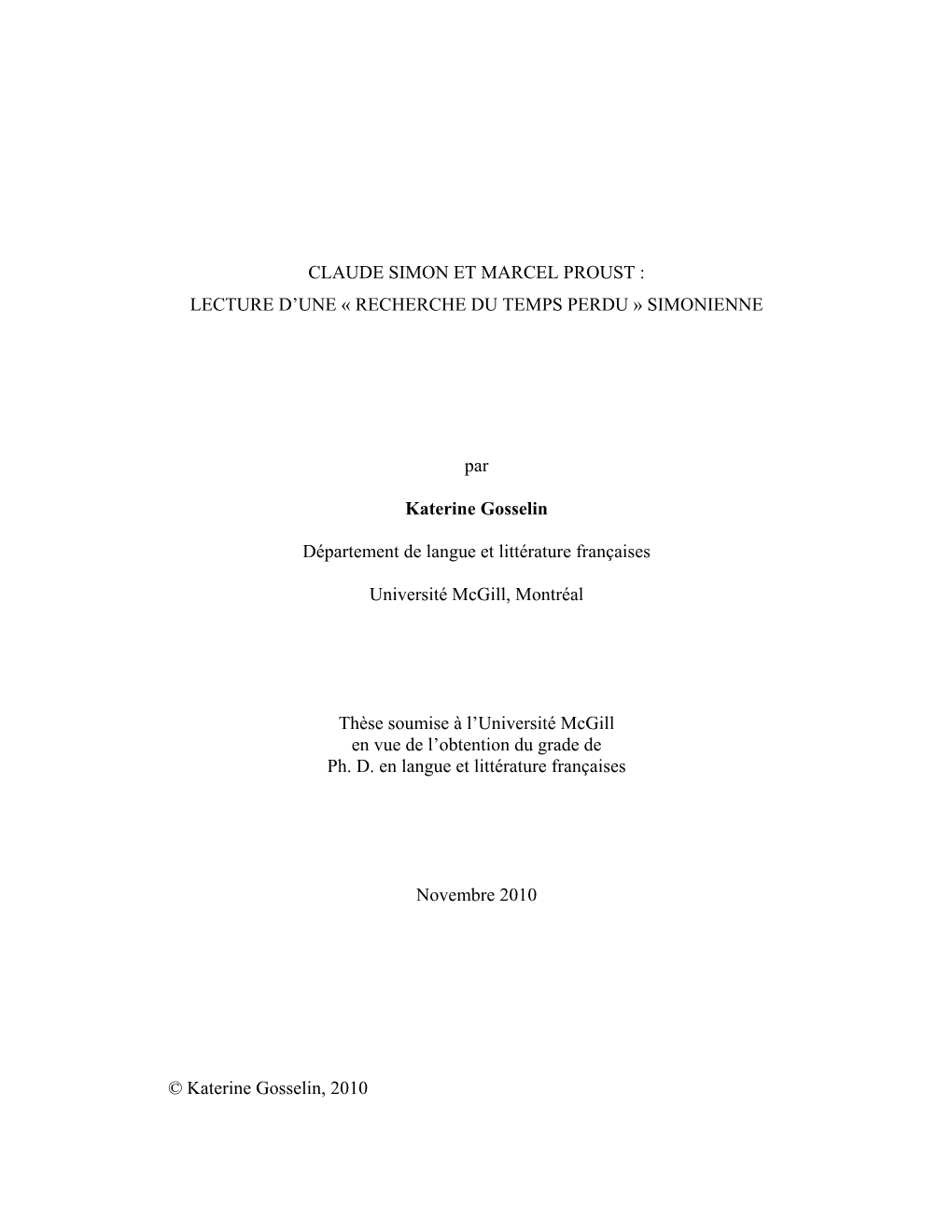 Claude Simon Et Marcel Proust : Lecture D’Une « Recherche Du Temps Perdu » Simonienne