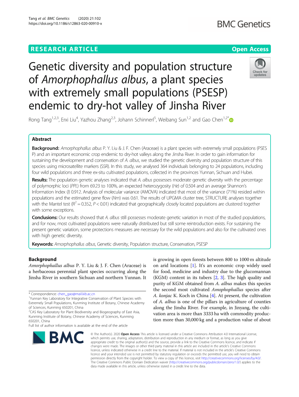 Genetic Diversity and Population Structure of Amorphophallus Albus, a Plant Species with Extremely Small Populations