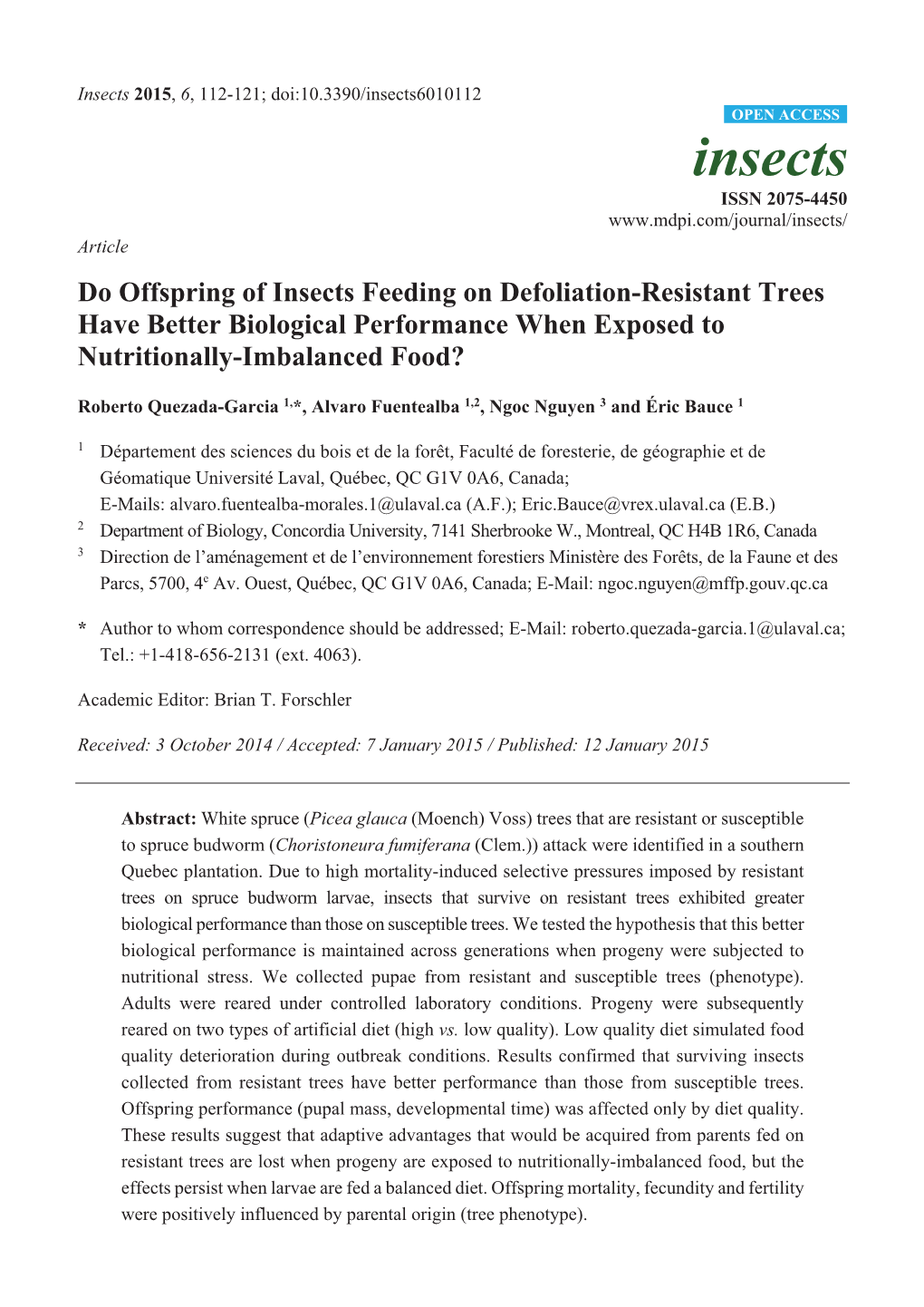 Do Offspring of Insects Feeding on Defoliation-Resistant Trees Have Better Biological Performance When Exposed to Nutritionally-Imbalanced Food?