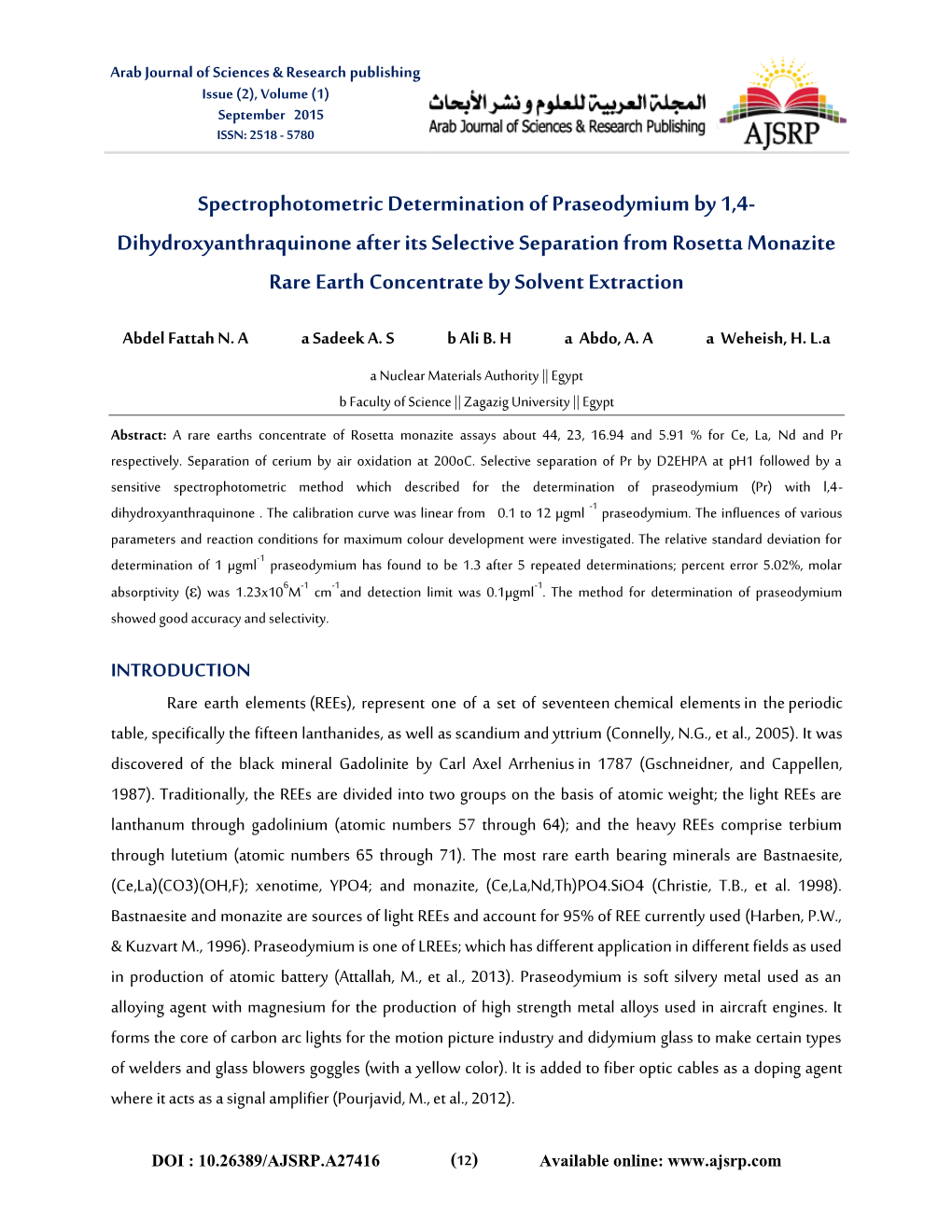 Spectrophotometric Determination of Praseodymium by 1,4