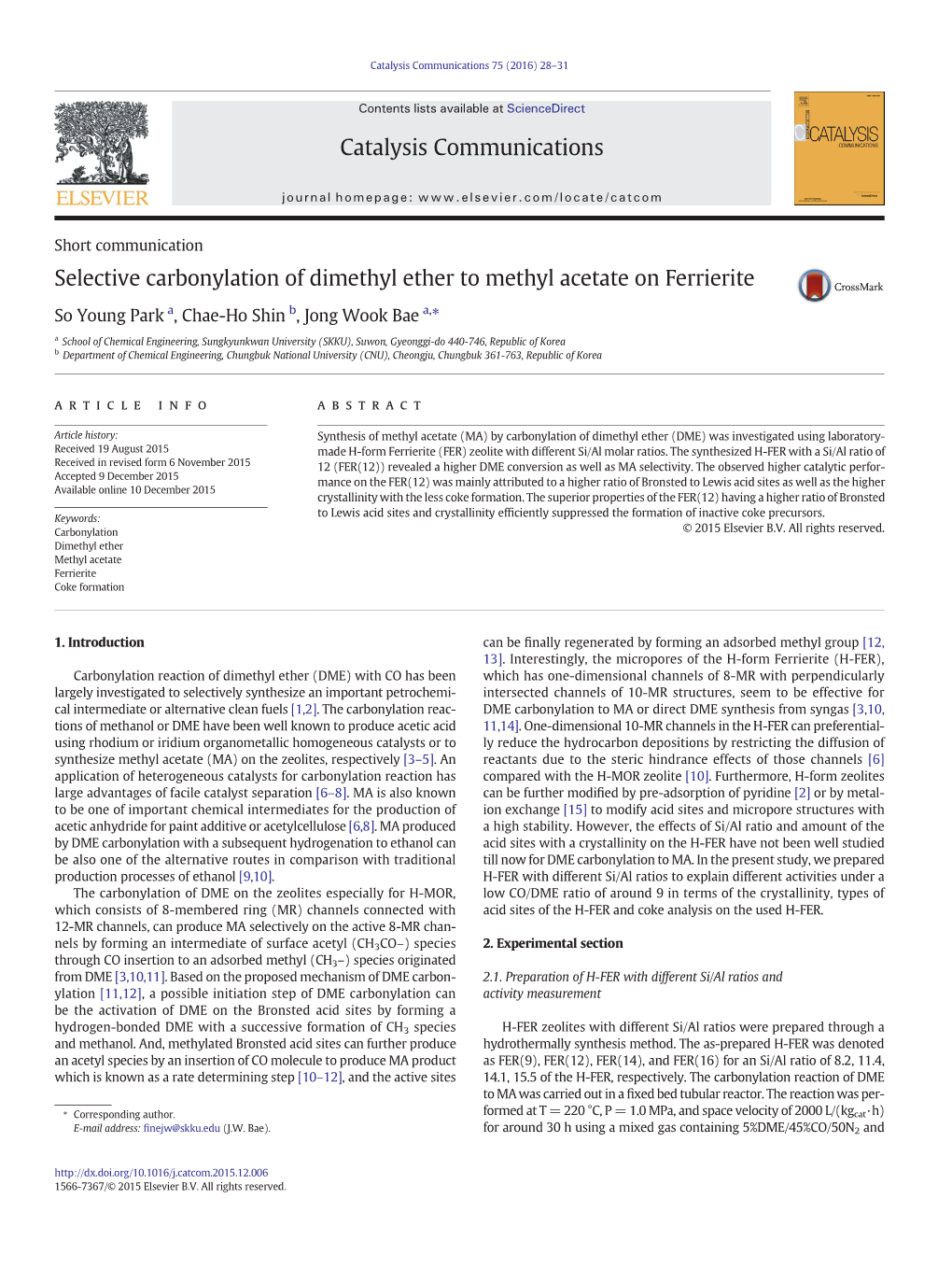 Selective Carbonylation of Dimethyl Ether to Methyl Acetate on Ferrierite