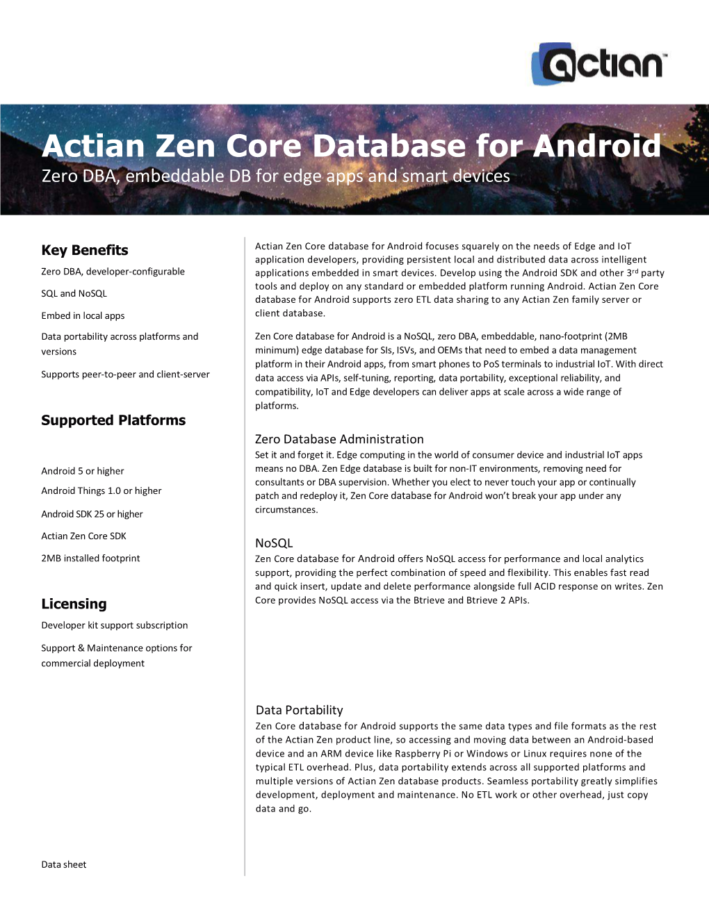 Actian Zen Core Database for Android Zero DBA, Embeddable DB for Edge Apps and Smart Devices