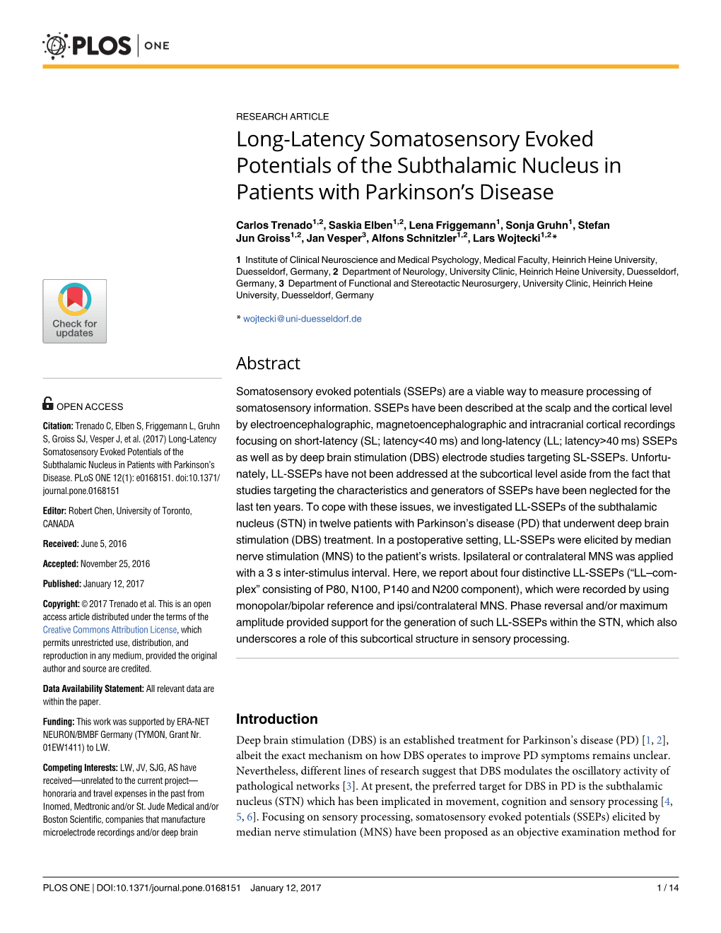 Long-Latency Somatosensory Evoked Potentials of the Subthalamic Nucleus in Patients with Parkinson’S Disease