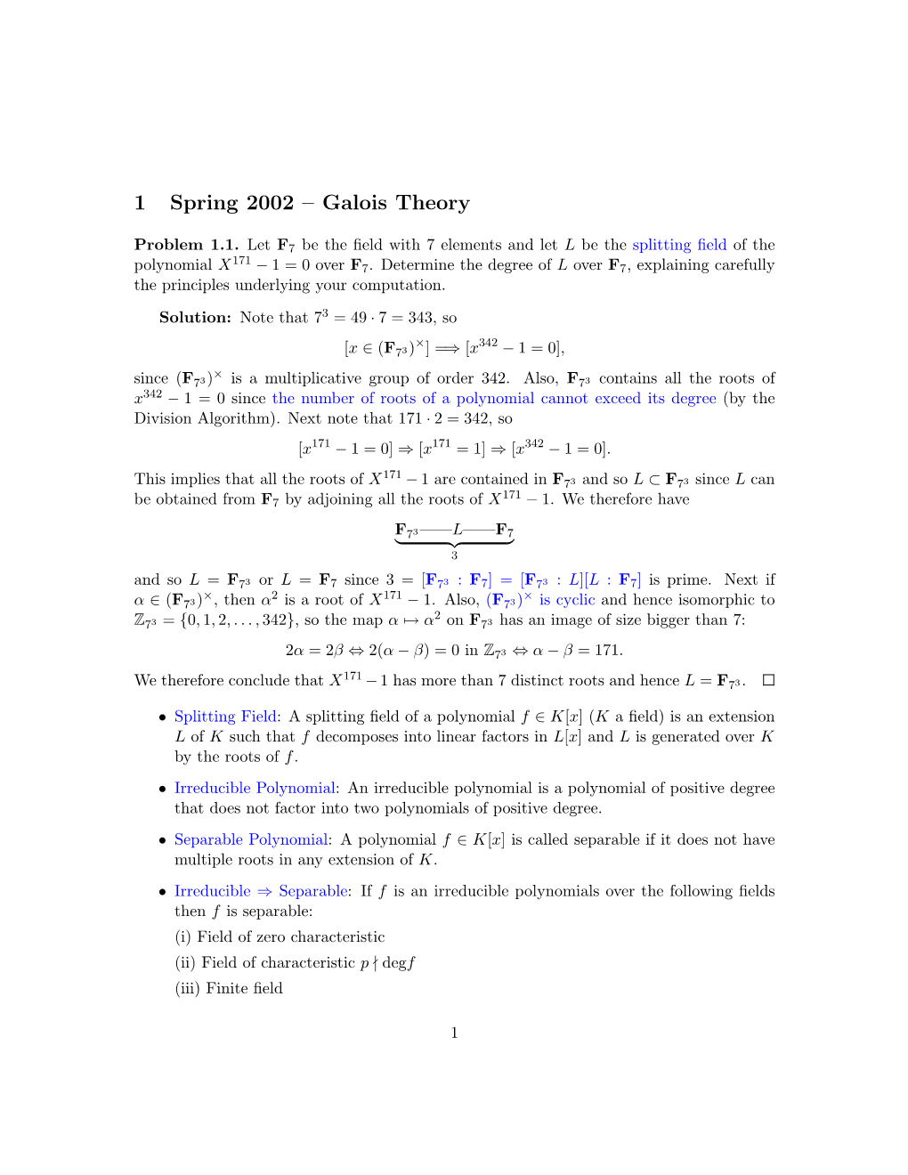 1 Spring 2002 – Galois Theory