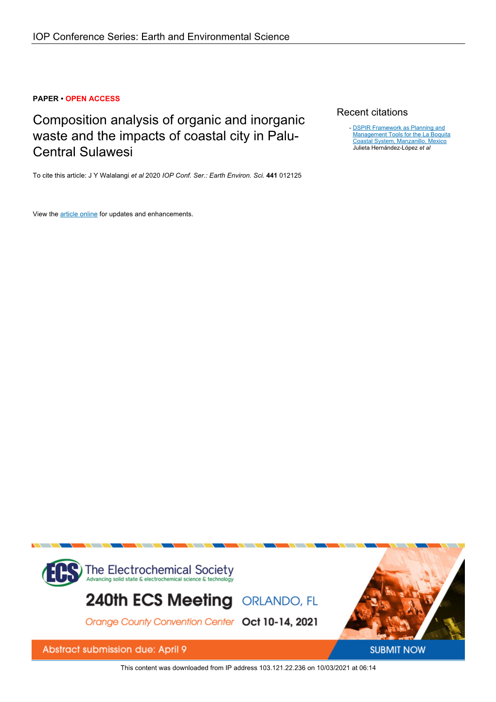 Composition Analysis of Organic and Inorganic Waste and the Impacts of Coastal City in Palu-Central Sulawesi