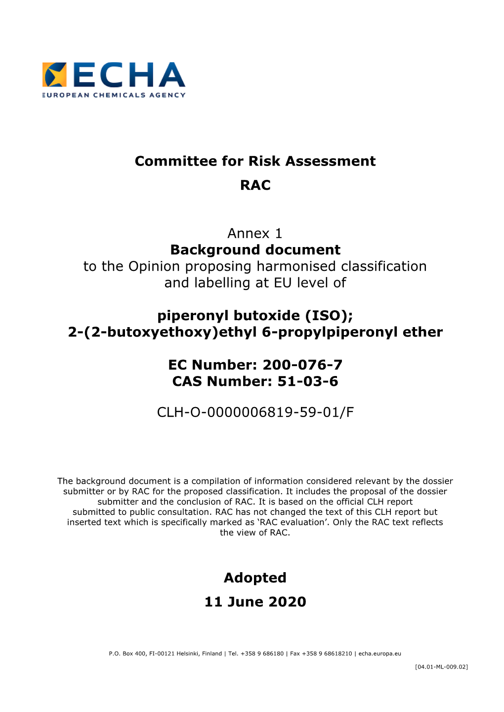 Committee for Risk Assessment RAC Annex 1 Background Document To