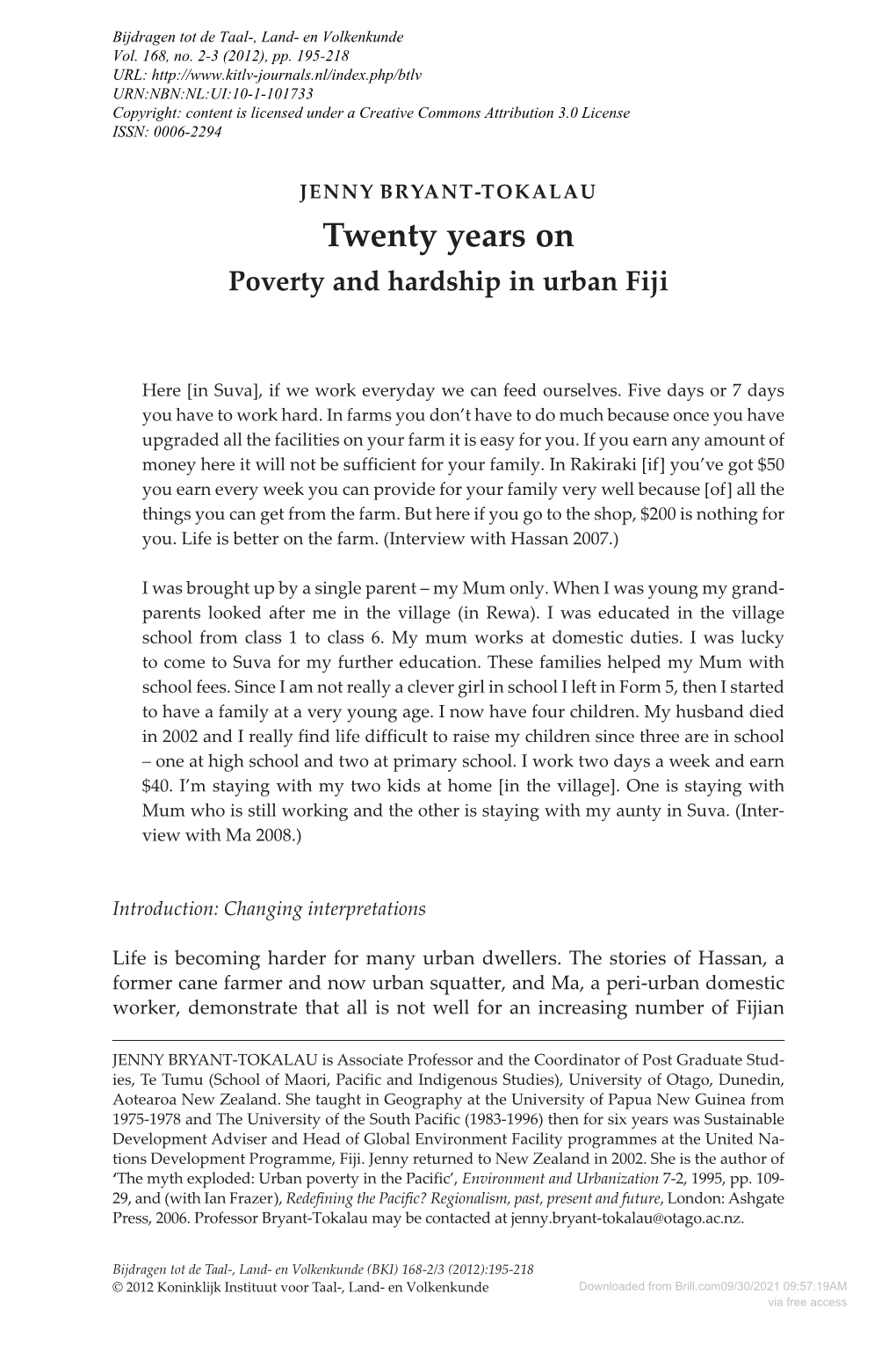 Twenty Years on Poverty and Hardship in Urban Fiji