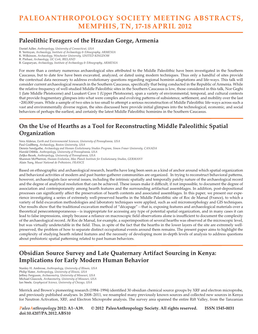 Paleoanthropology Society Meeting Abstracts, Memphis, Tn, 17-18 April 2012