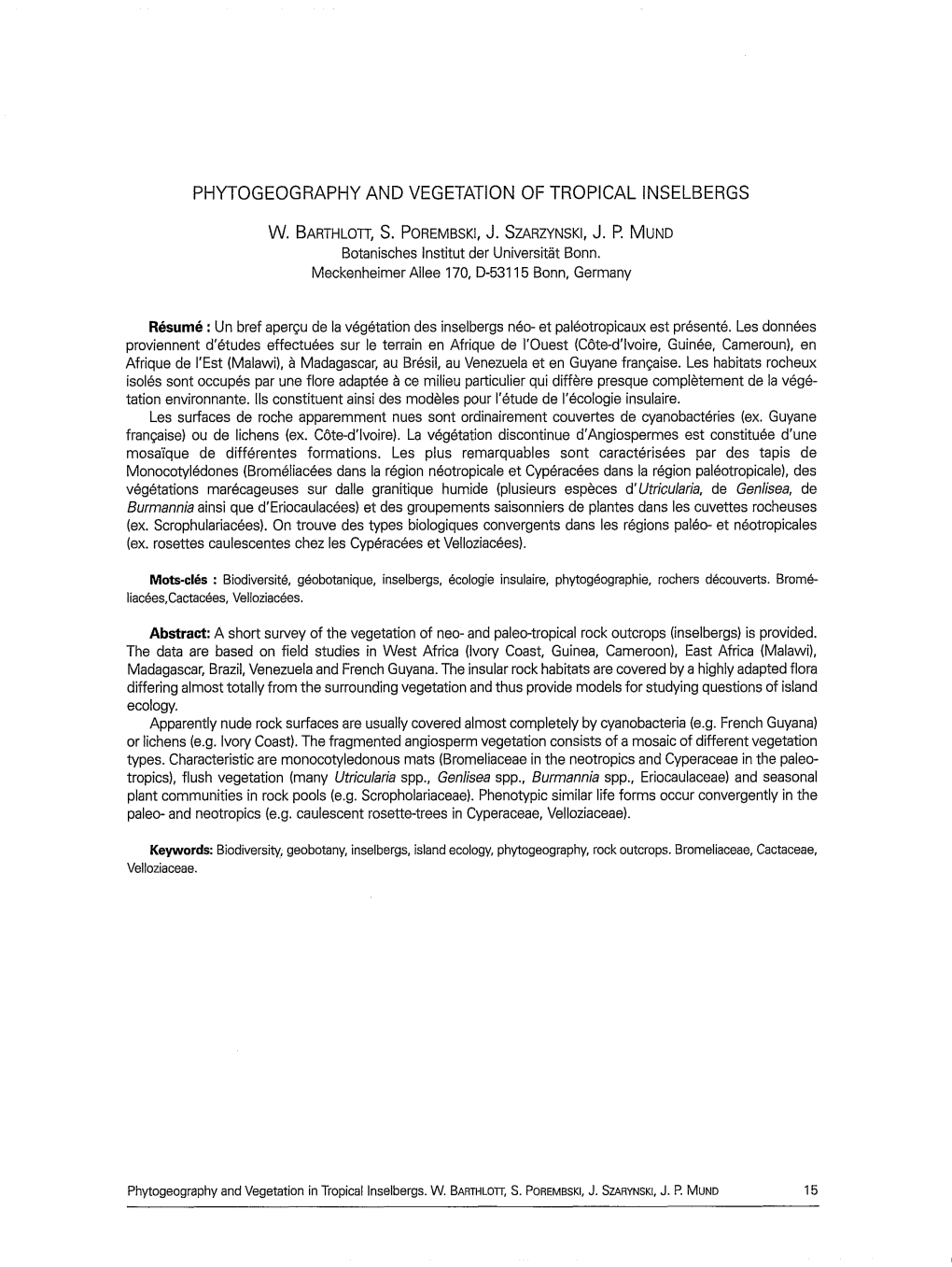 Phytogeography and Vegetation of Tropical Inselbergs