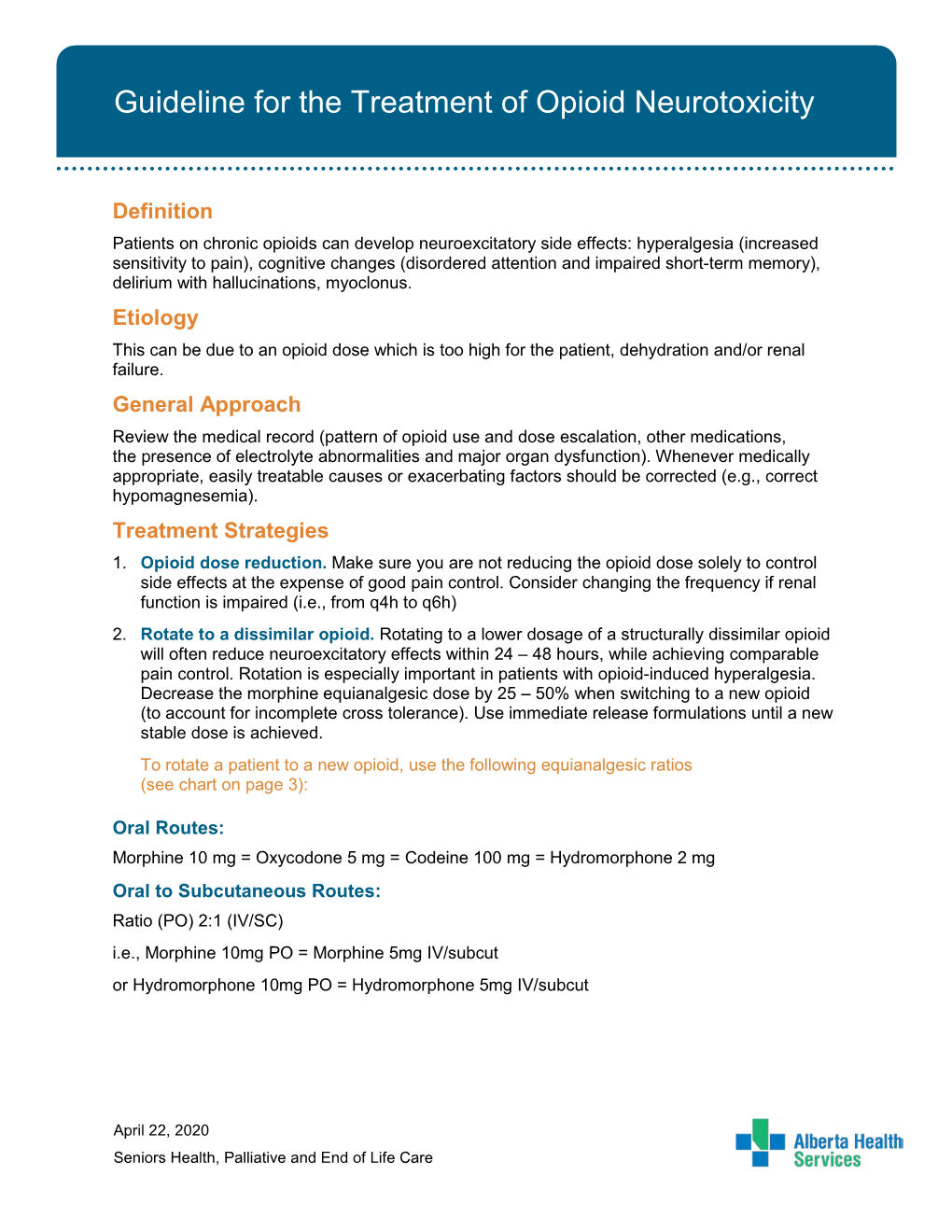 PEOLC Provincial Guideline for Treatment Opioid Neurotoxicity