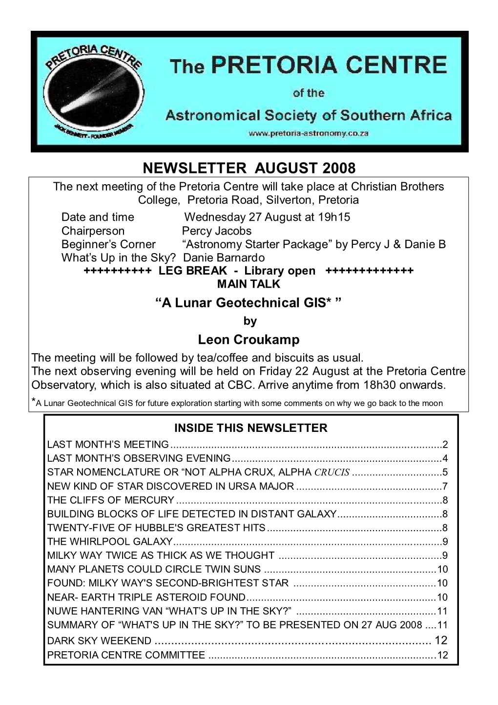 August 2008 Newsletter Page 1