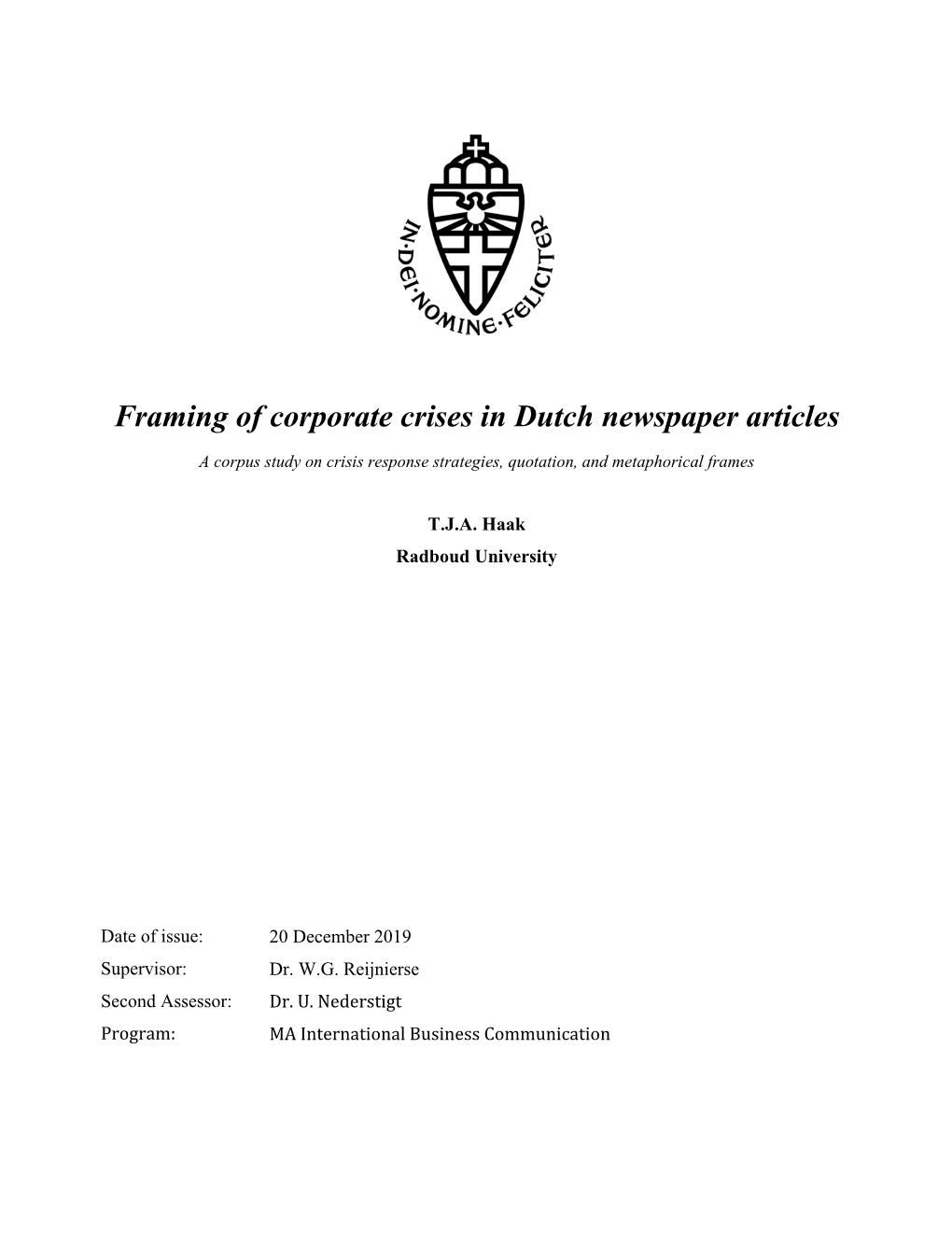 Framing of Corporate Crises in Dutch Newspaper Articles