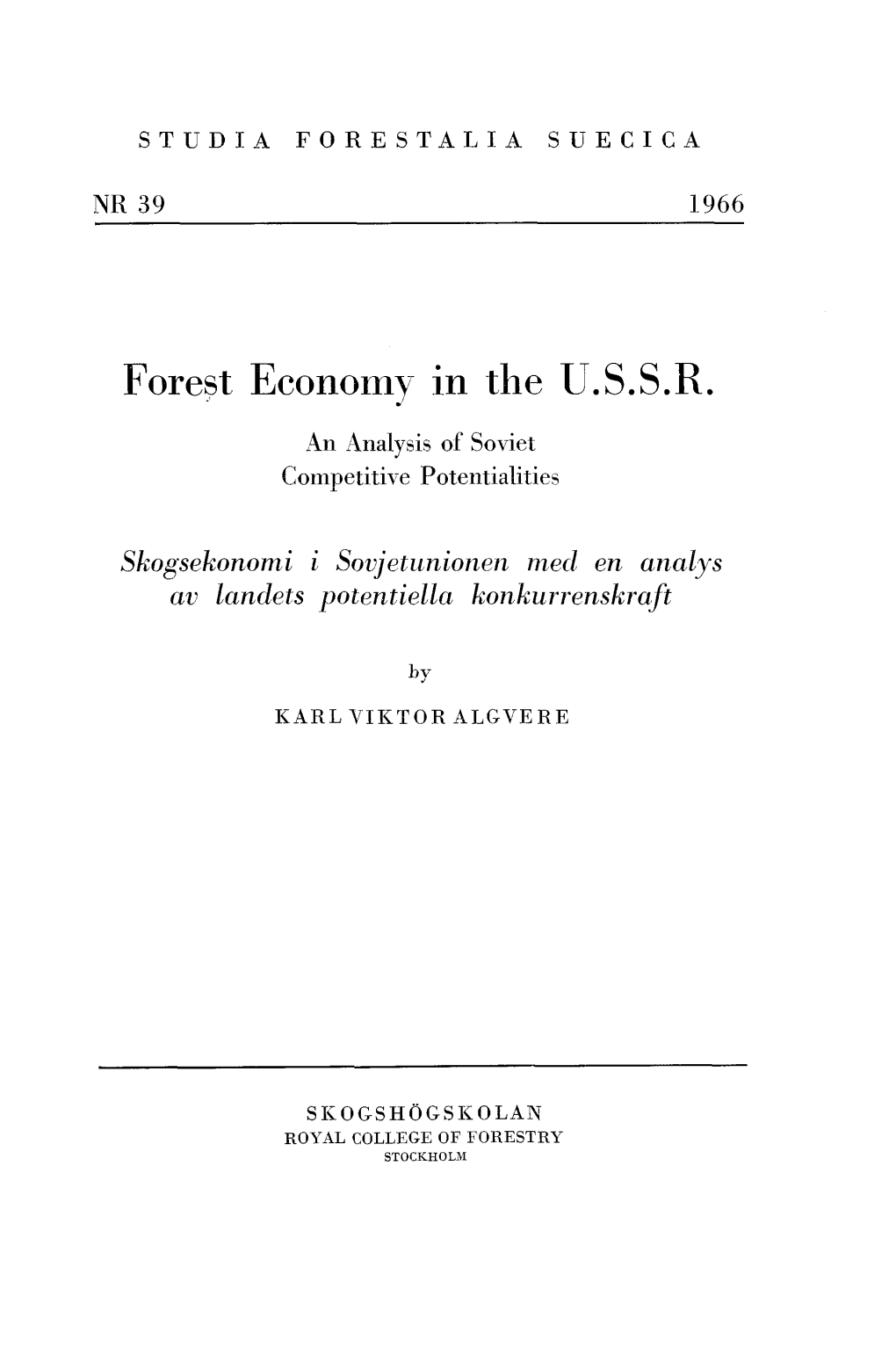 Forest Economy in the U.S.S.R