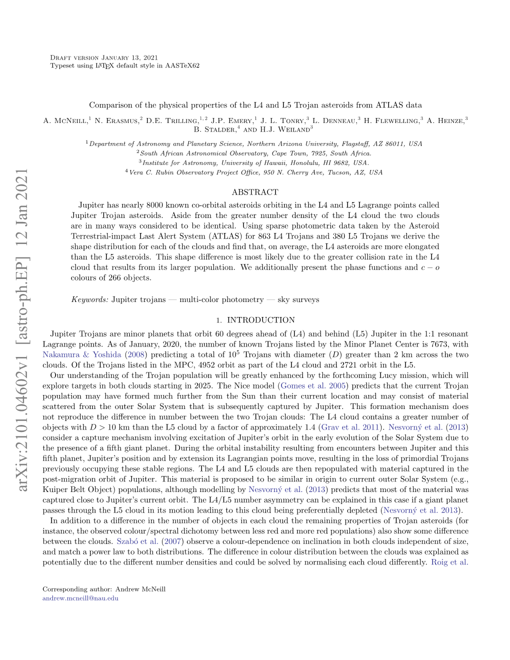 Comparison of the Physical Properties of the L4 and L5 Trojan Asteroids from ATLAS Data