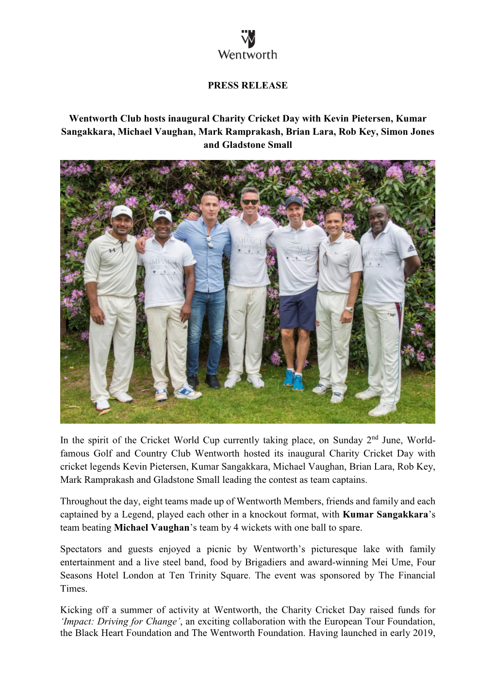 PRESS RELEASE Wentworth Club Hosts Inaugural Charity Cricket Day