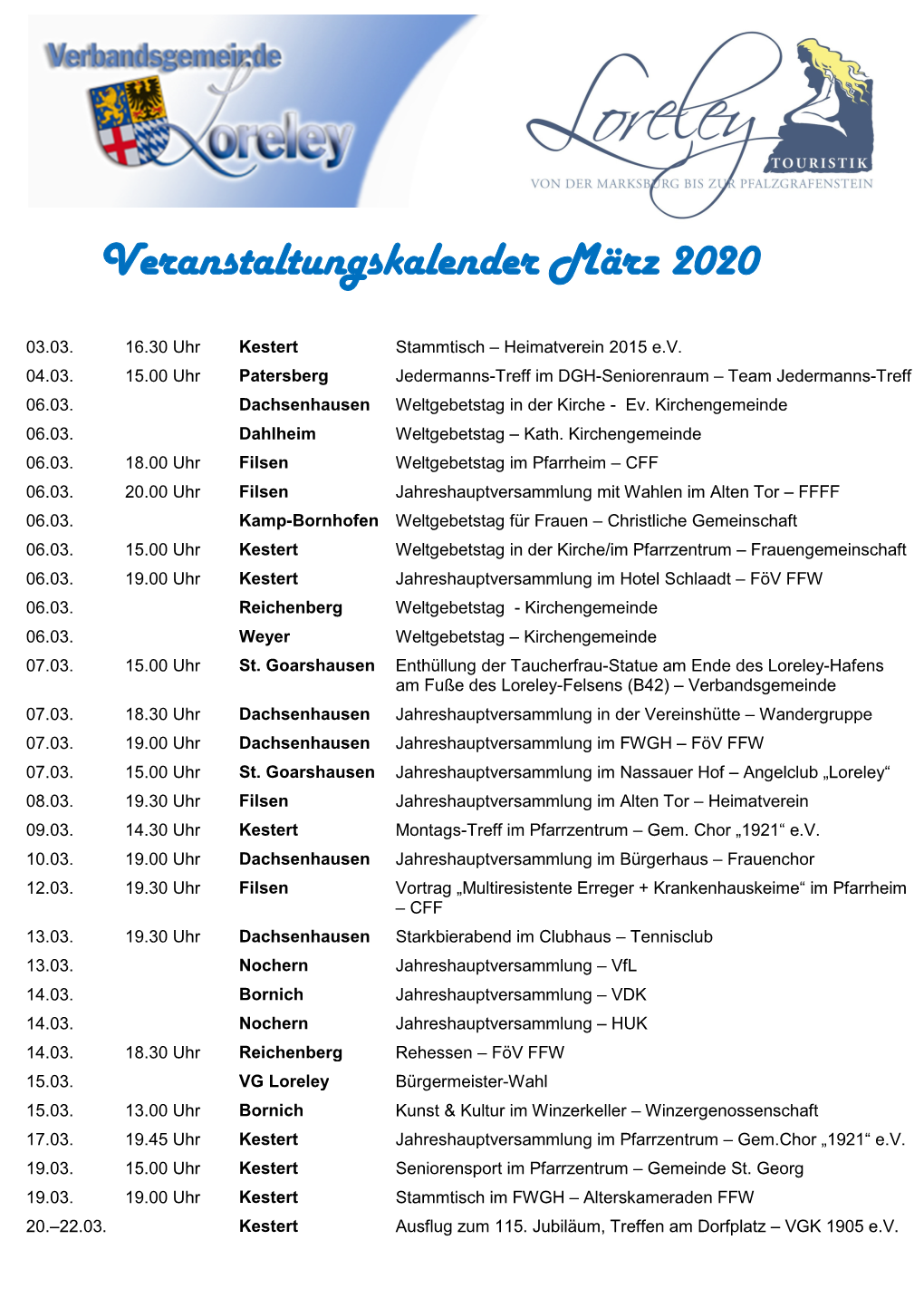 Veranstaltungskalender März 2020