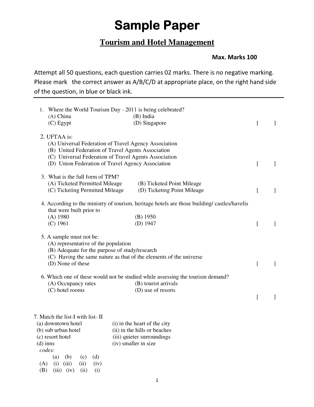 Sample Paper Sample Paper Tourism and Hotel Management