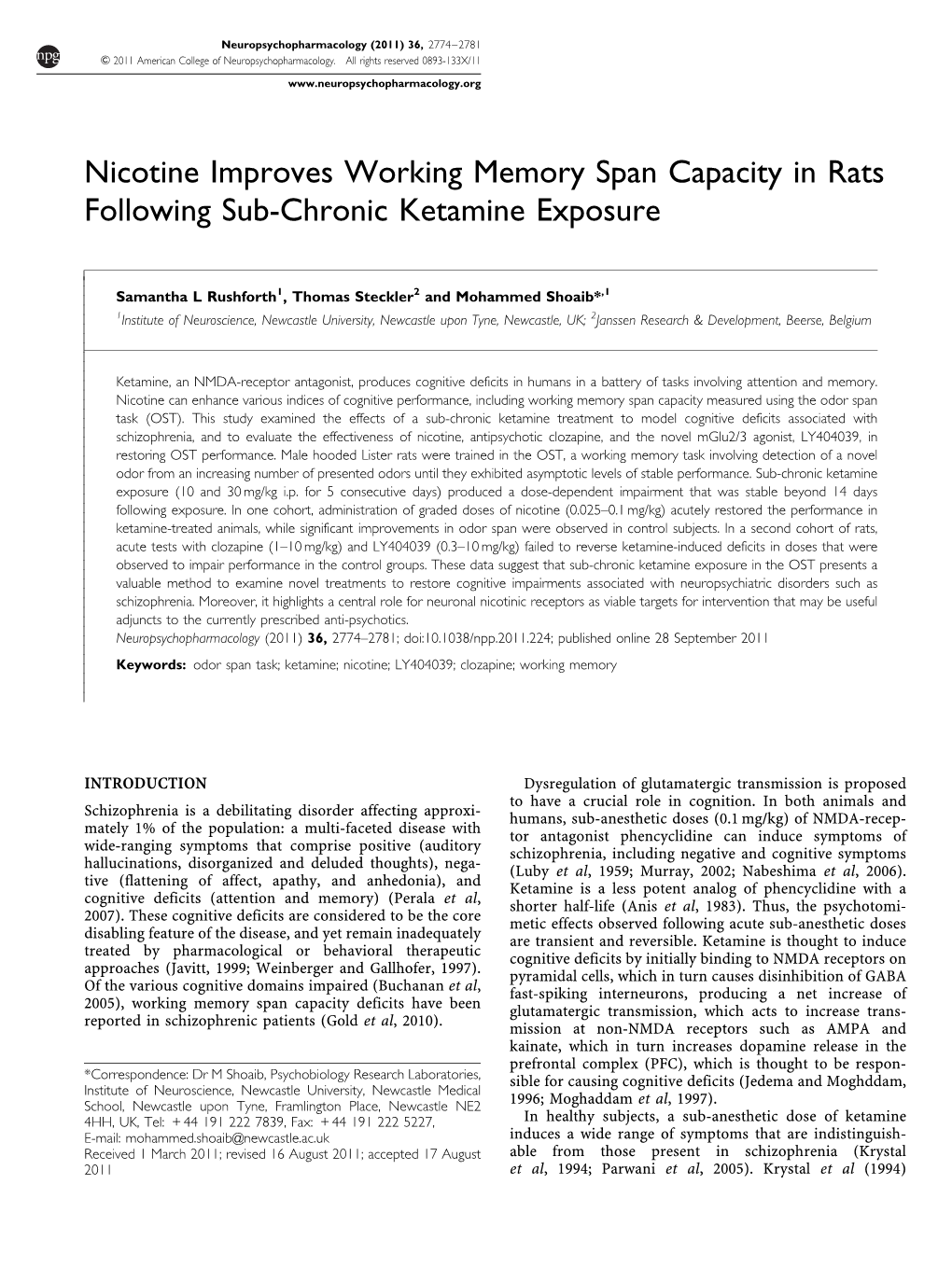 Nicotine Improves Working Memory Span Capacity in Rats Following Sub-Chronic Ketamine Exposure