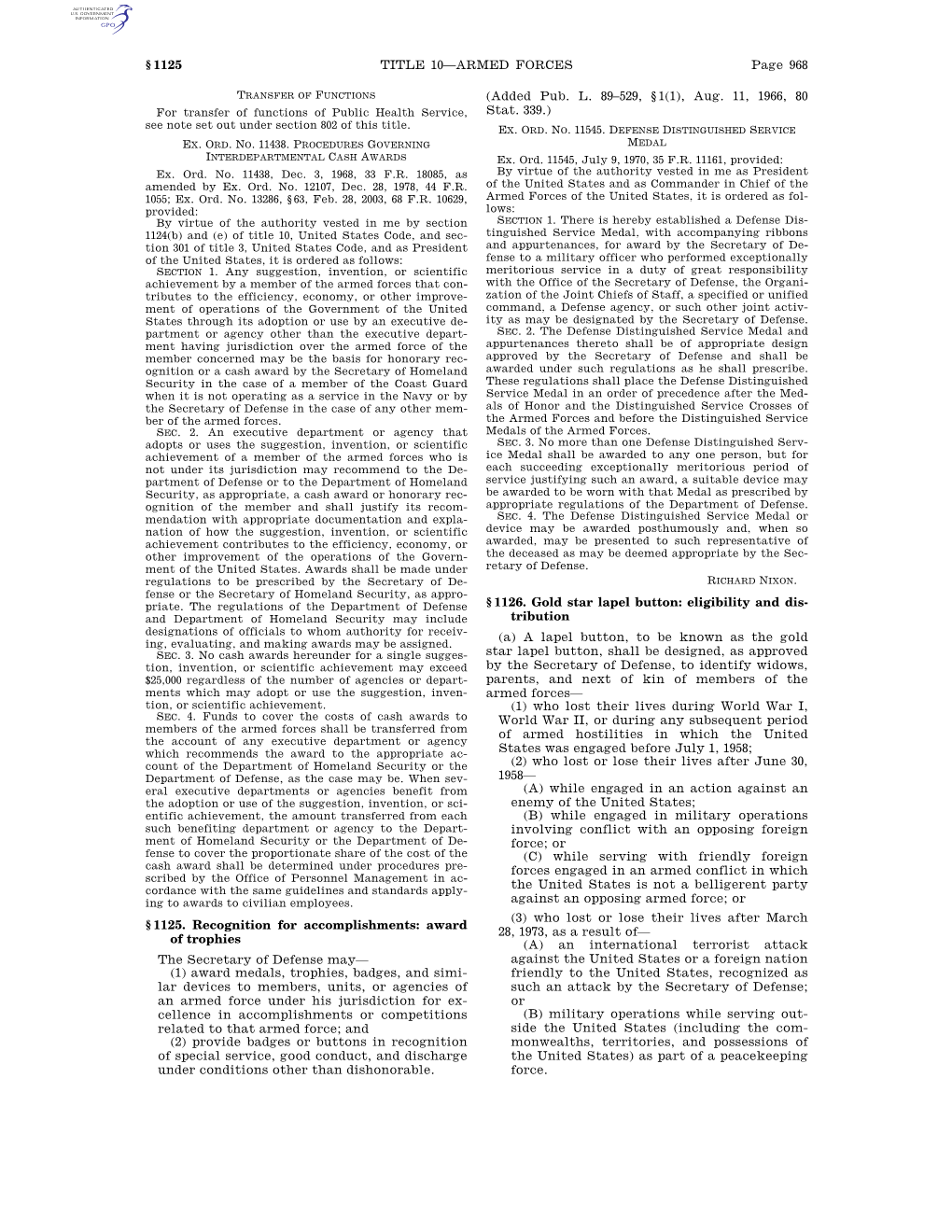 Page 968 TITLE 10—ARMED FORCES § 1125 §1125