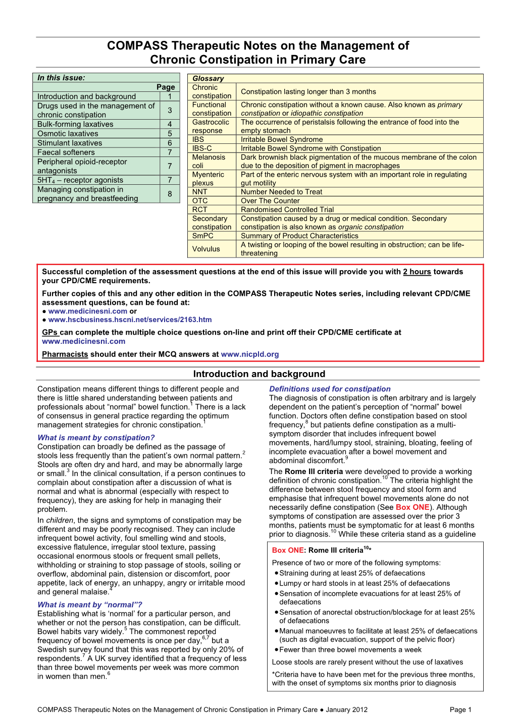 COMPASS Therapeutic Notes on the Management of Chronic Constipation in Primary Care