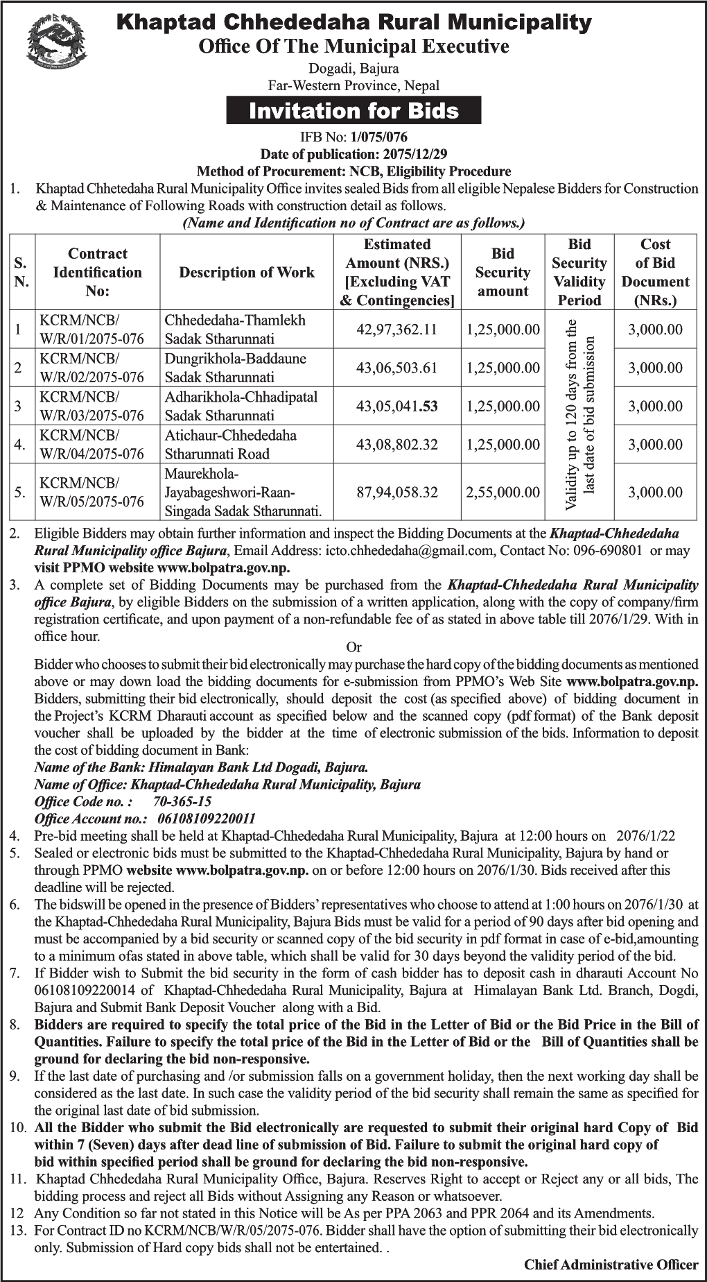 Khaptad Chhededaha Rural Municipality Invitation for Bids