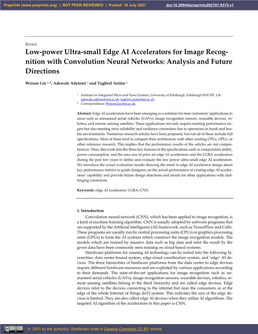 Low-Power Ultra-Small Edge AI Accelerators for Image Recog- Nition with Convolution Neural Networks: Analysis and Future Directions