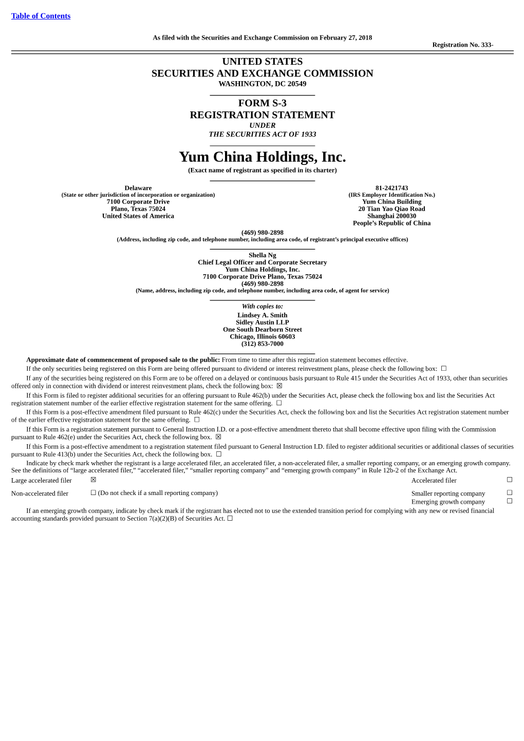 Yum China Holdings, Inc. (Exact Name of Registrant As Specified in Its Charter)